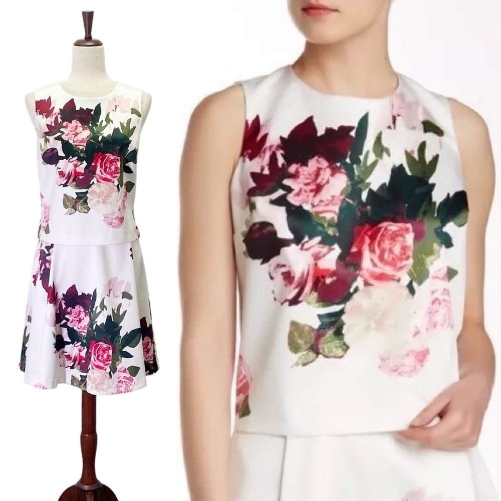 Vince Camuto 2-Piece Floral Set Sleeveless Top PM & A-Line Skirt Size 10 Roses